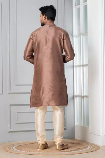 Brown plain dupion silk kurta for festive, reception, weddings