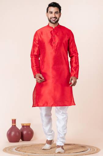 Red plain dupion silk kurta churidar set for festive, reception, weddings