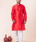 Red plain dupion silk kurta churidar set for festive, reception, weddings