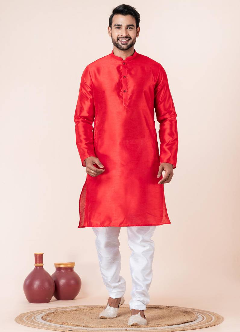 Red plain dupion silk kurta churidar set for festive, reception, weddings
