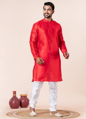 Red plain dupion silk kurta churidar set for festive, reception, weddings 2