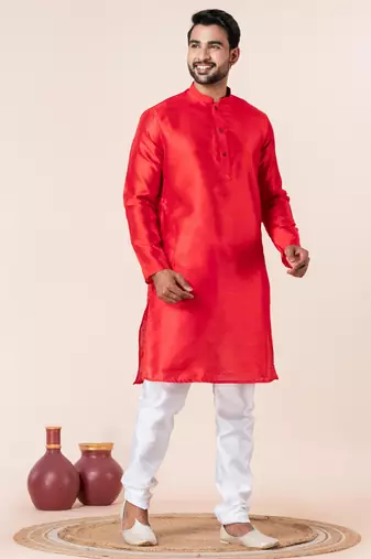Red plain dupion silk kurta churidar set for festive, reception, weddings