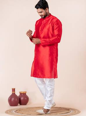 Red plain dupion silk kurta churidar set for festive, reception, weddings 3