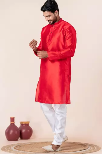 Red plain dupion silk kurta churidar set for festive, reception, weddings