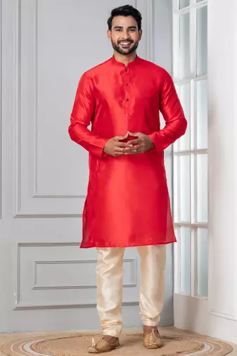 Red plain dupion silk kurta churidar set for festive, reception, weddings