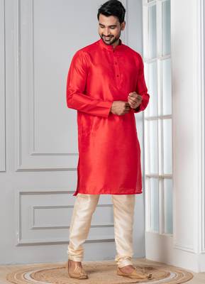 Red plain dupion silk kurta churidar set for festive, reception, weddings 2