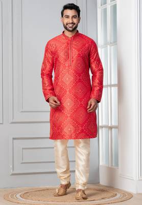 Red printed dupion silk kurta for festive, reception, weddings 1