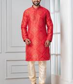 Red printed dupion silk kurta for festive, reception, weddings