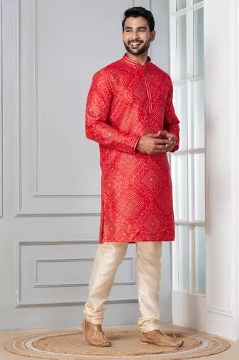 Red printed dupion silk kurta for festive, reception, weddings