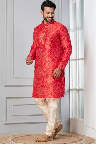 Red printed dupion silk kurta for festive, reception, weddings