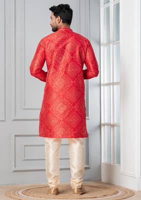 Red printed dupion silk kurta for festive, reception, weddings 4