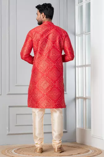 Red printed dupion silk kurta for festive, reception, weddings