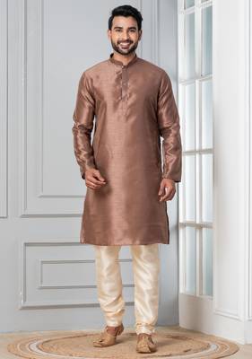 Brown plain dupion silk kurta churidar set for festive, reception, weddings 1