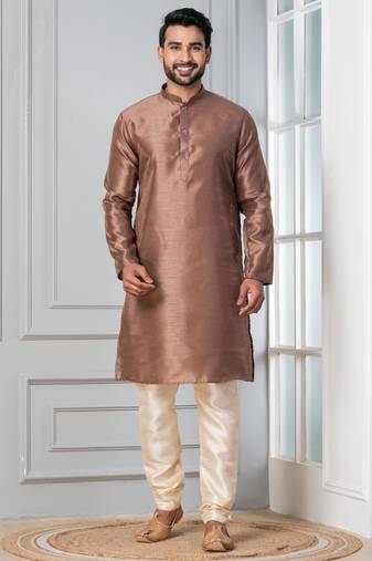 Brown plain dupion silk kurta churidar set for festive, reception, weddings