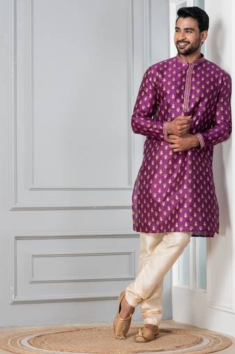 Purple printed dupion silk kurta for festive, reception, weddings
