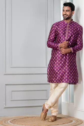 Purple printed dupion silk kurta for festive, reception, weddings