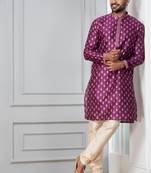 Purple printed dupion silk kurta for festive, reception, weddings