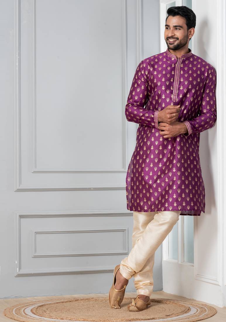 Purple printed dupion silk kurta for festive, reception, weddings