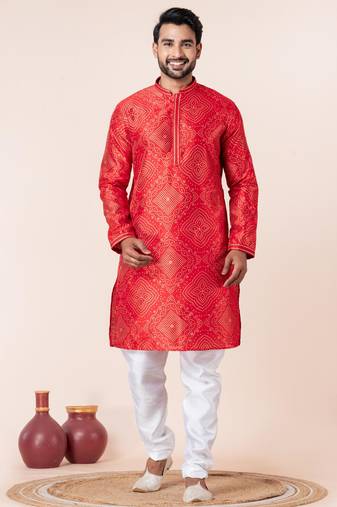 Red printed dupion silk kurta churidar set for festive, reception, weddings