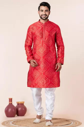 Red printed dupion silk kurta churidar set for festive, reception, weddings