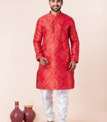 Red printed dupion silk kurta churidar set for festive, reception, weddings