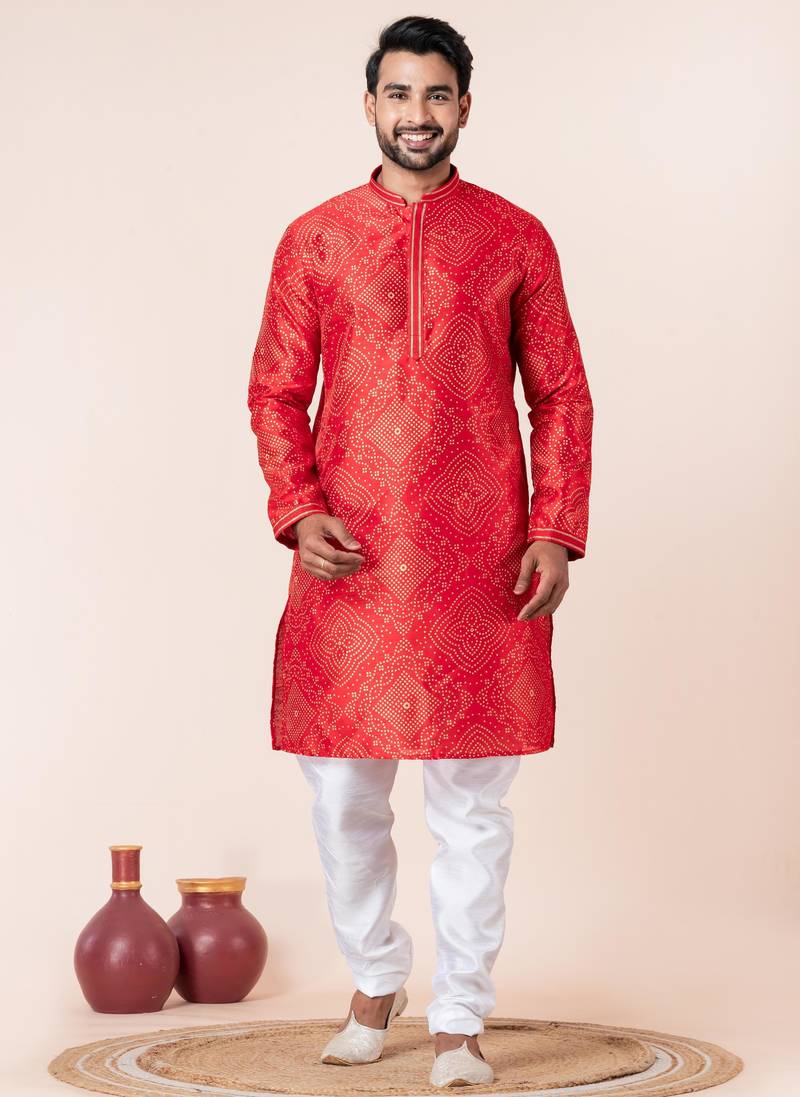 Red printed dupion silk kurta churidar set for festive, reception, weddings