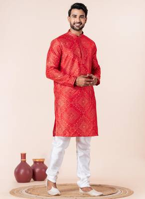 Red printed dupion silk kurta churidar set for festive, reception, weddings 2