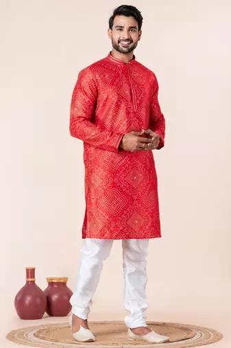 Red printed dupion silk kurta churidar set for festive, reception, weddings