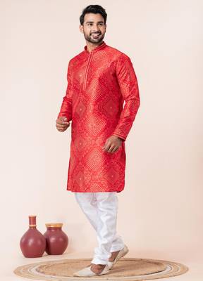 Red printed dupion silk kurta churidar set for festive, reception, weddings 3