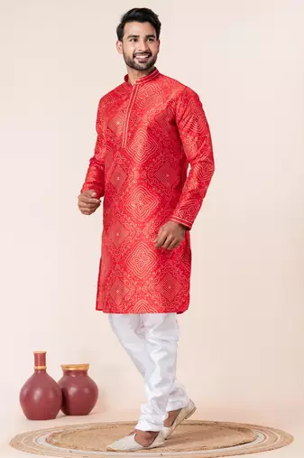 Red printed dupion silk kurta churidar set for festive, reception, weddings