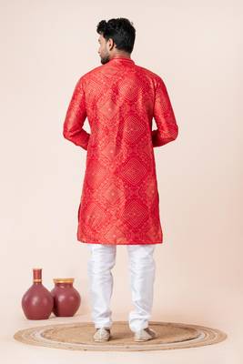Red printed dupion silk kurta churidar set for festive, reception, weddings 4