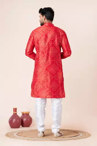 Red printed dupion silk kurta churidar set for festive, reception, weddings