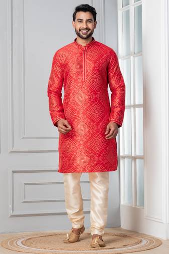 Red printed dupion silk kurta churidar set for festive, reception, weddings