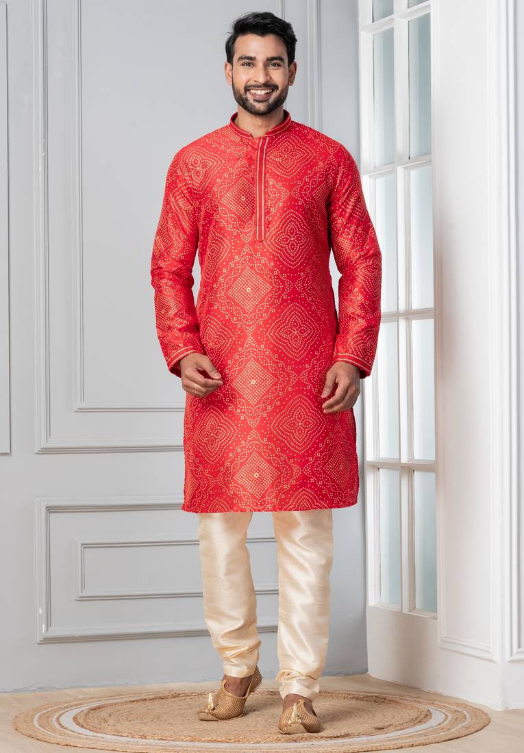 Red printed dupion silk kurta churidar set for festive, reception, weddings
