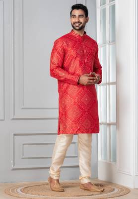 Red printed dupion silk kurta churidar set for festive, reception, weddings 2