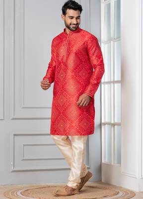 Red printed dupion silk kurta churidar set for festive, reception, weddings 3