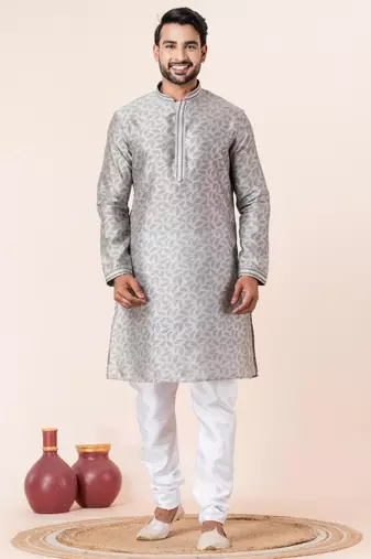 Grey printed dupion silk kurta for festive, reception, weddings