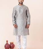 Grey printed dupion silk kurta for festive, reception, weddings