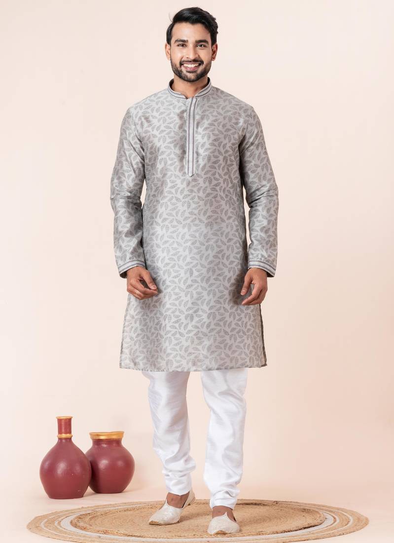 Grey printed dupion silk kurta for festive, reception, weddings