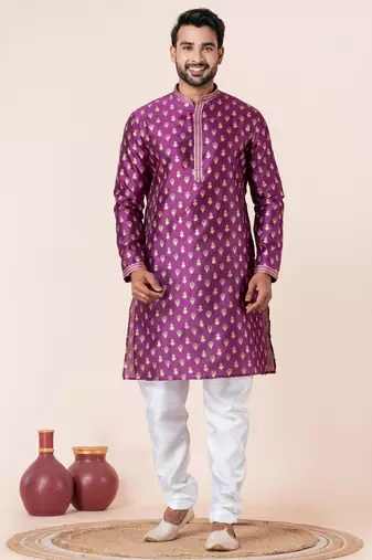 Purple printed dupion silk kurta churidar set for festive, reception, weddings