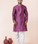 Purple printed dupion silk kurta churidar set for festive, reception, weddings
