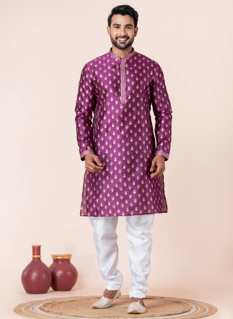 Purple printed dupion silk kurta churidar set for festive, reception, weddings