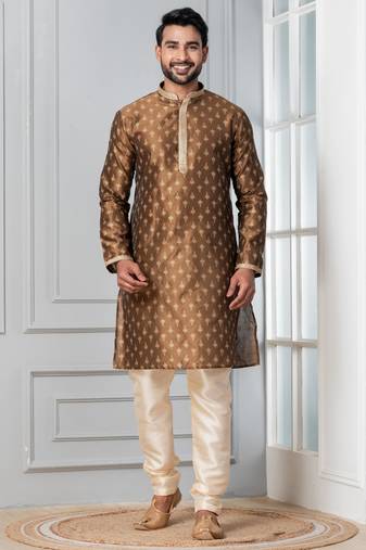 Brown printed dupion silk kurta for festive, reception, weddings