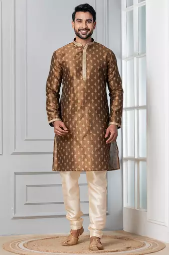 Brown printed dupion silk kurta for festive, reception, weddings