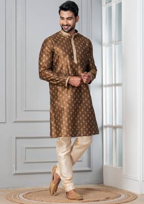 Brown printed dupion silk kurta for festive, reception, weddings 2