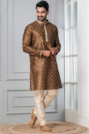 Brown printed dupion silk kurta for festive, reception, weddings