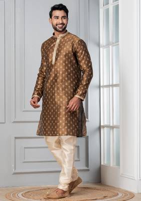 Brown printed dupion silk kurta for festive, reception, weddings 3