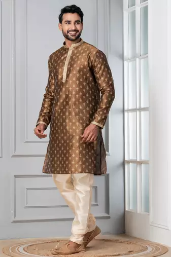 Brown printed dupion silk kurta for festive, reception, weddings