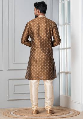 Brown printed dupion silk kurta for festive, reception, weddings 4