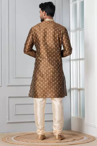 Brown printed dupion silk kurta for festive, reception, weddings
